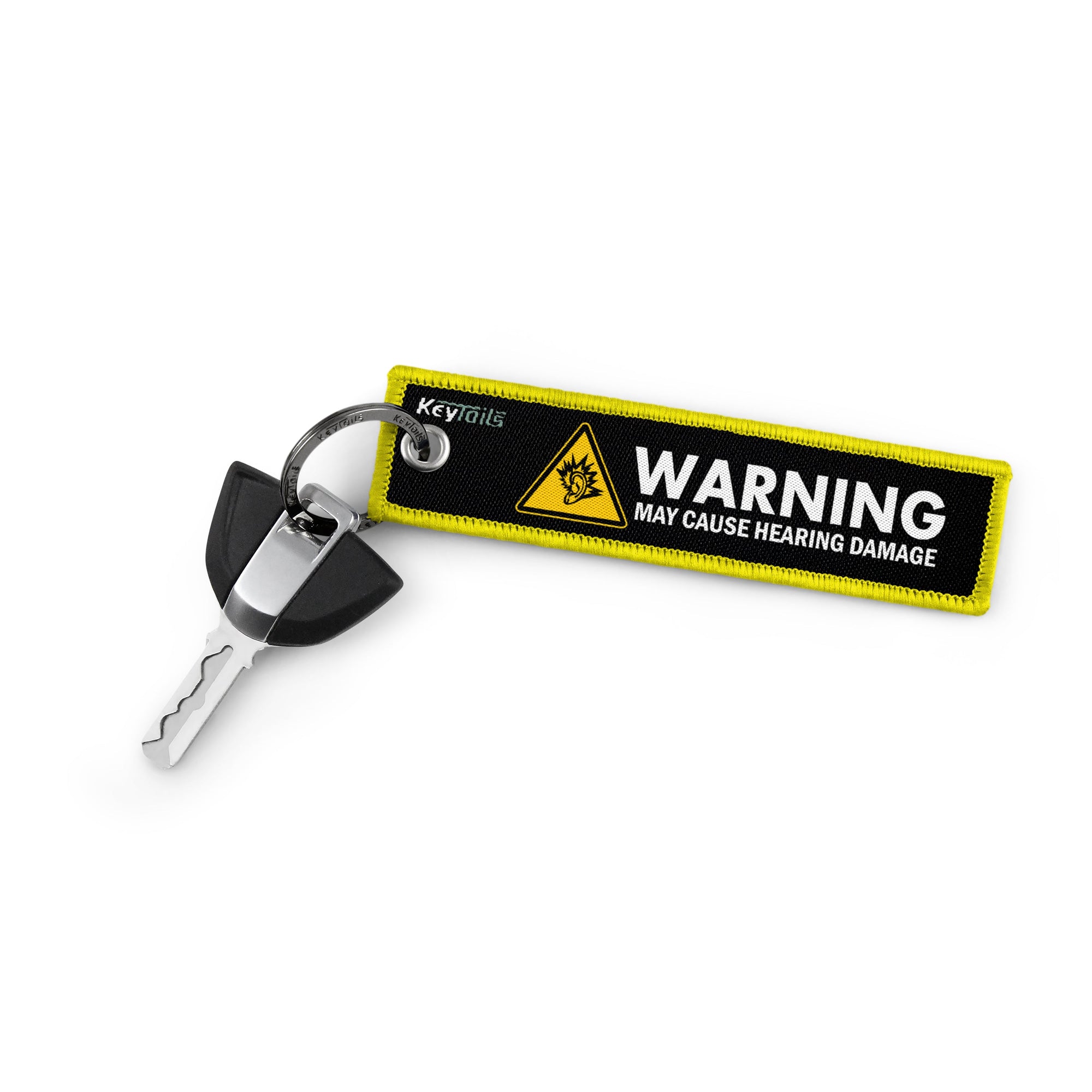 Warning May Cause Hearing Damage Keychain, Key Tag - Yellow