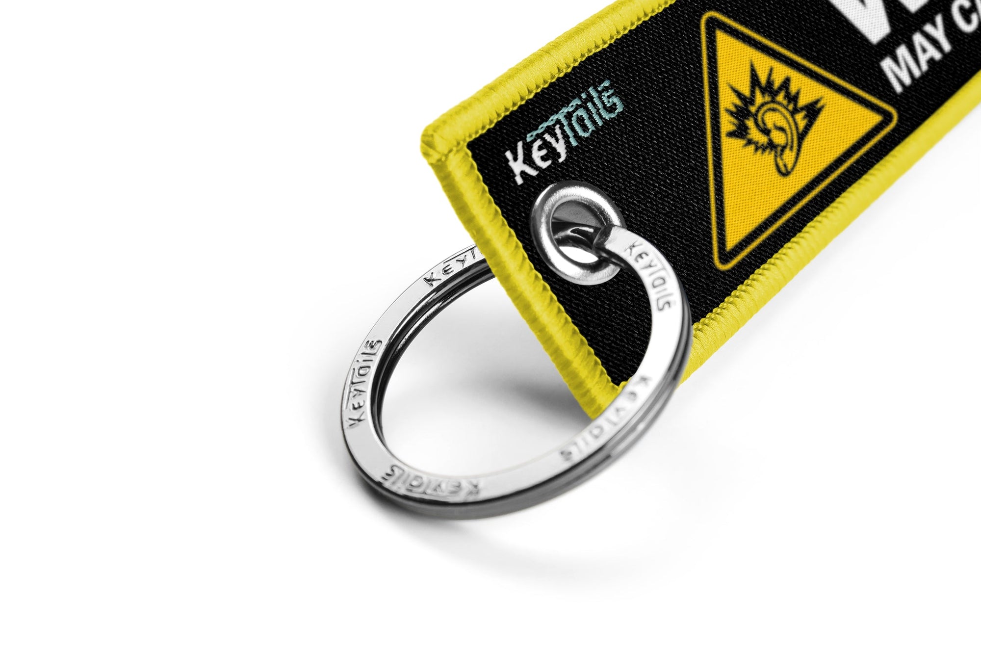 Warning May Cause Hearing Damage Keychain, Key Tag - Yellow